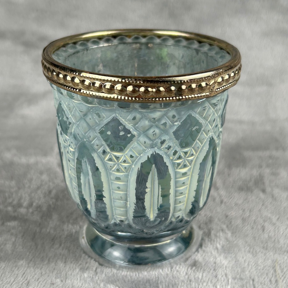 Blue Mercury Glass Votiveโ Candle Holder Gold Beaded Rim Boho Distressed 3.25in